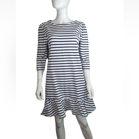 Tuckernuck Sail To Sable NAUTICAL Navy Striped French Terry Dress ruffle hem S - Picture 1 of 16